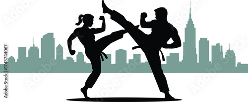 Silhouette Couple Karate Training with Belt in Urban City Background Vector