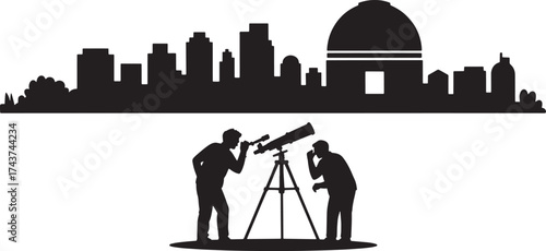 Silhouette Design of Astronomers Exploring Space with Telescope in Urban Landscape
