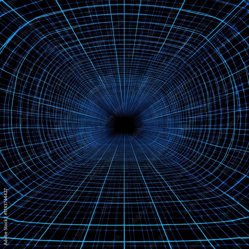 Fototapeta premium Blue Grid Tunnel Perspective Abstract, Futuristic, Dark, Tech Background