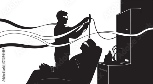 Stylized silhouette of a barber giving a client a haircut with abstract wavy lines emanating from the scene