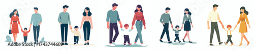 vector father and mother walking with their first child