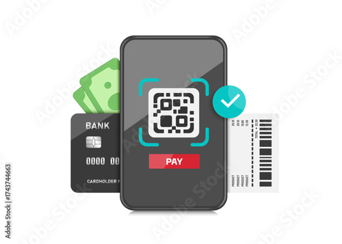 Scan QR code with your smartphone to pay for online purchases and a receipt or invoice will come out, vector 3d illustration isolated on white background for online shopping, financial concept design