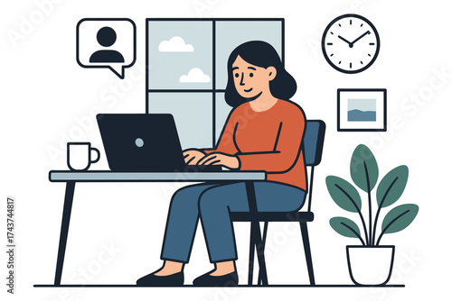 Woman working remotely on laptop at home desk with coffee and plant