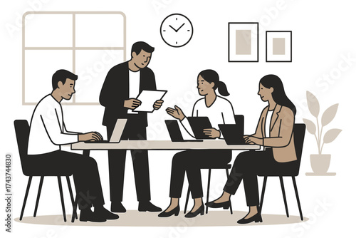 Office meeting scene with team collaboration and technology in minimalist design