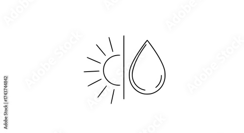 Minimalist one line drawing of sun and water drop side by side, symbolic elemental design