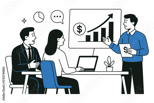 Business team discussing financial growth strategy in meeting room