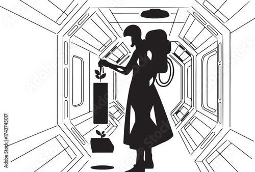 Silhouette of a woman with long hair holding a plant in a futuristic geometric corridor with light sources