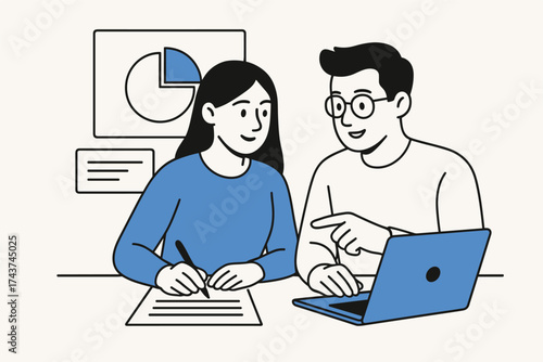 Team collaboration with laptops and charts in modern minimalist style