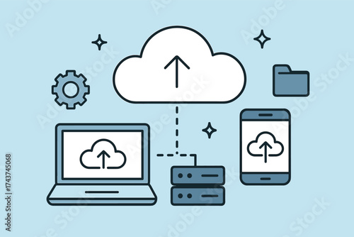 Cloud computing concept with devices and data storage icons in linear style