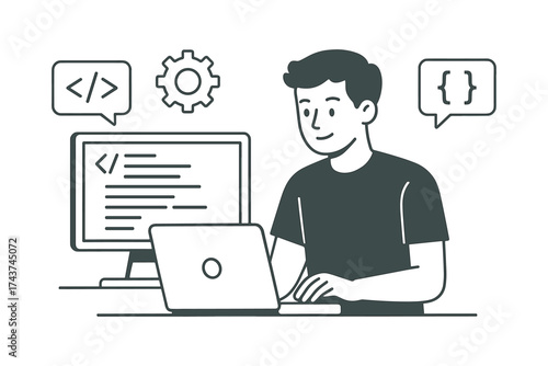 Flat style programmer at work with laptop and code elements in minimalist office setting