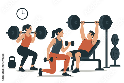 Gym workout scene with people lifting weights and exercising in flat style