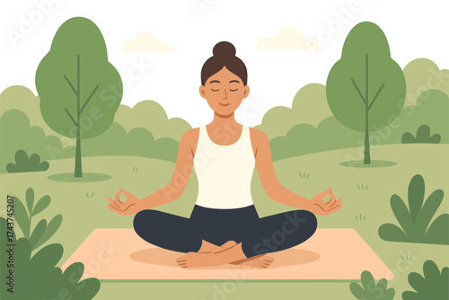 Peaceful meditation in nature: relaxed woman practicing mindfulness outdoors