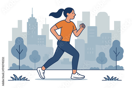 Woman jogging in urban park with cityscape background