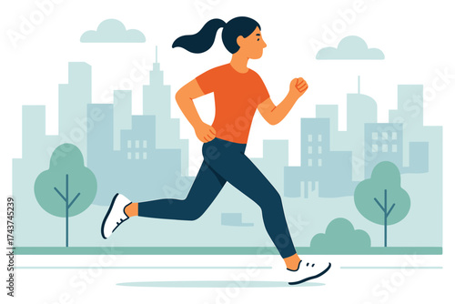Woman jogging in urban park with cityscape background in flat design