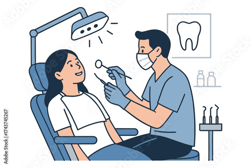 Linear dental checkup scene with dentist and patient in clinic setting