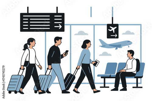 Modern flat design of passengers in airport terminal with luggage and departure signs