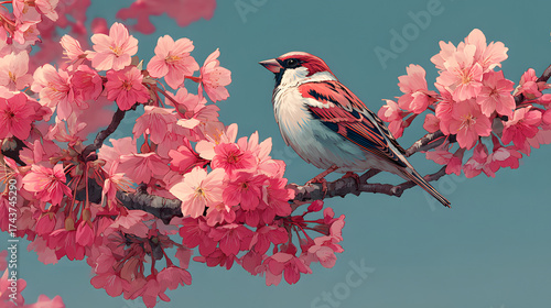 The little bird on the pink branch