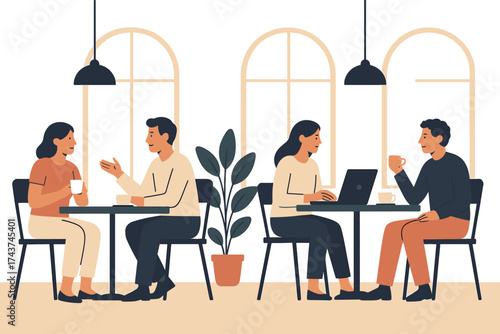 Modern cafe scene with people socializing and working