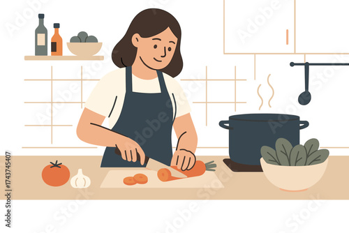 Woman cooking in kitchen: flat style home cooking scene with fresh ingredients