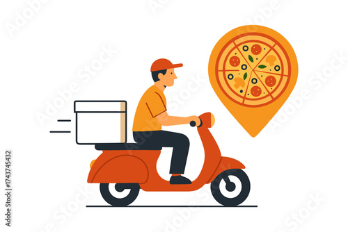Flat style pizza delivery service with courier on scooter and location icon