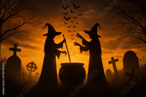 Two witches brewing potion at sunset in graveyard, Halloween scene AI generated