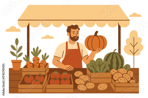Farmer's market stand with fresh produce in flat autumn style