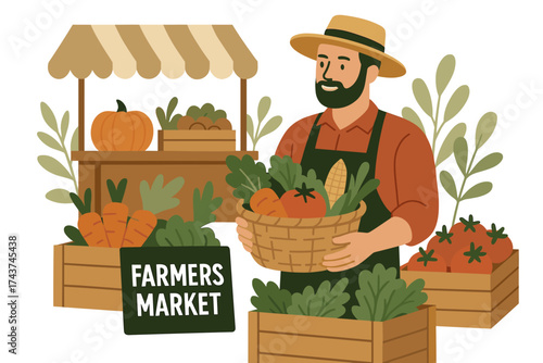 Farmer at market stall holding basket of fresh produce with vegetables and herbs