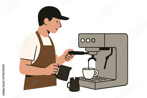 Barista brewing coffee with espresso machine in minimalist flat style