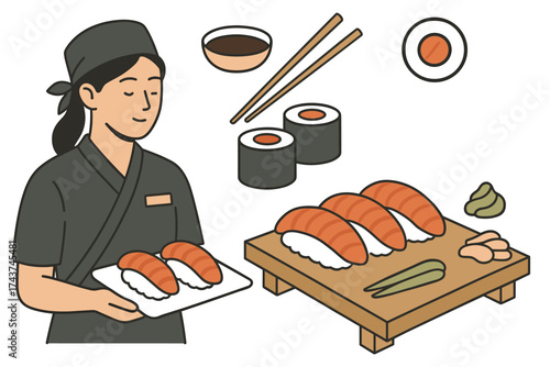 Traditional sushi chef preparing delicate nigiri and rolls with fresh ingredients