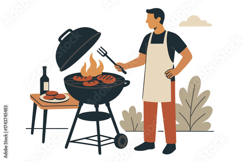 Man grilling meat outdoors with barbecue under a cloudy sky in flat style