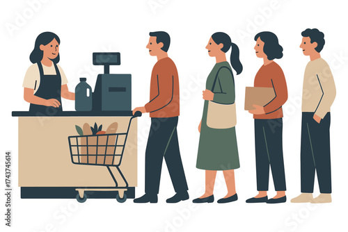 Flat style people shopping in supermarket checkout line with cashier and grocery cart