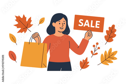 Autumn shopping sale concept with smiling woman holding sign and bag surrounded by colorful leaves