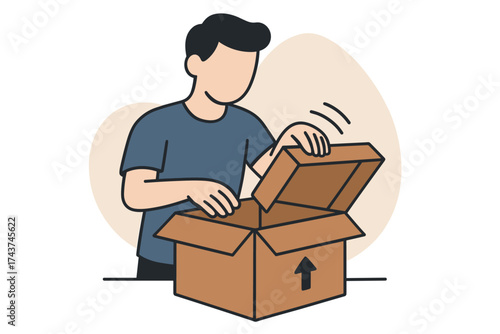 Person unpacking cardboard box in modern flat style