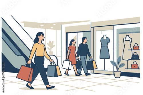 Shoppers at mall walk past fashion boutique storefront with display mannequin