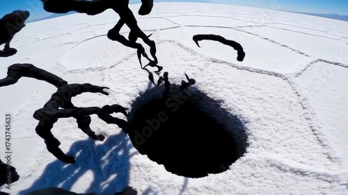 Abstract silhouette of dark shapes over a snowy landscape with a large hole