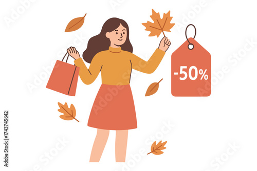 Autumn sale shopping with discounts and seasonal leaves in flat design