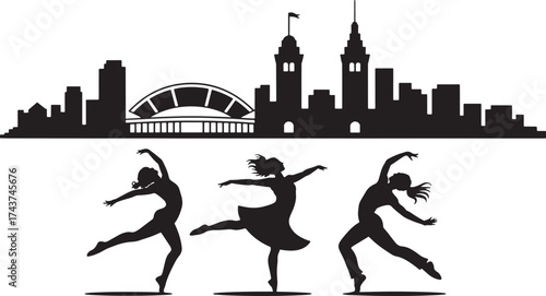 Silhouette Dancers With Skyline In Background Dance Performance Illustration