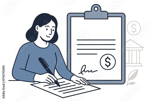 Professional woman signing contract with document and signature icons