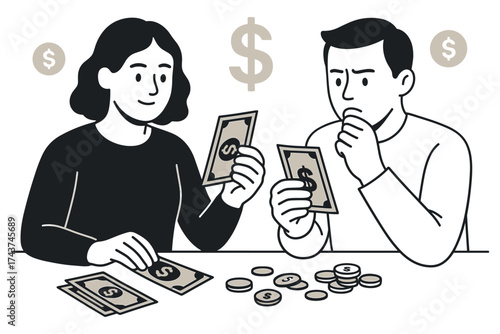 Monochrome cartoon people counting money with cash and coins