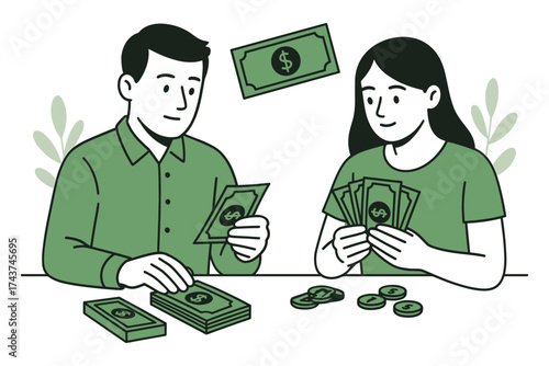 Cartoon illustration of a couple managing money together with cash and coins