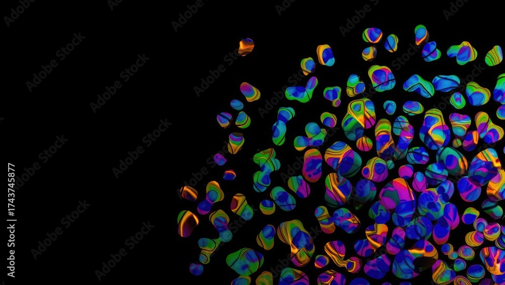 Obraz premium Cluster of vivid multicolored stones or crystals on black background creating abstract artistic composition. Generative AI.