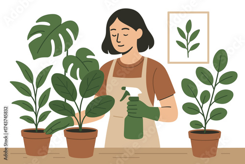 Woman caring for indoor plants in cute flat design