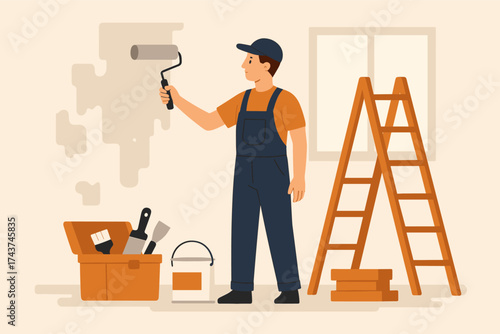 Man painting wall in room with ladder and tools in flat design