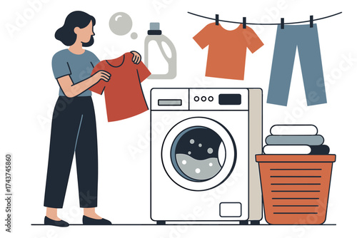 Laundry day routine with washing machine, clothes, and detergent in modern flat style