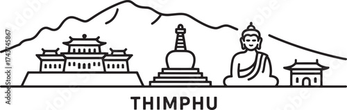 Thimphu Skyline Outline Featuring Buildings, Stupa, Buddha, Mountains and Flat Landscape
