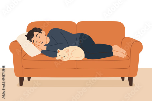 Relaxed man and cat sleeping on couch in cozy home setting