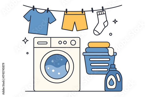 Laundry room essentials: washing machine, clothes, and detergent in line art style