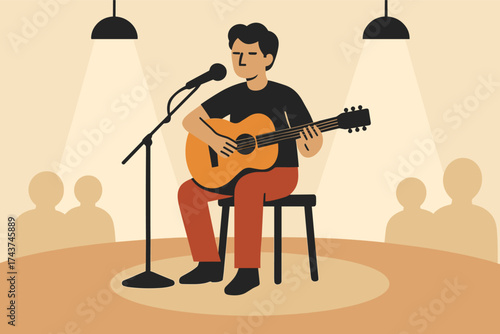 Flat design acoustic guitar performance on stage with audience and spotlights