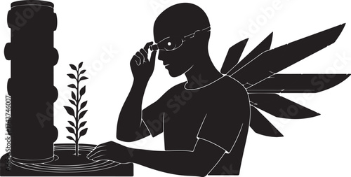 Mysterious silhouette of a winged figure adjusting glasses while observing a small plant growing from a pot next to a dark pillar