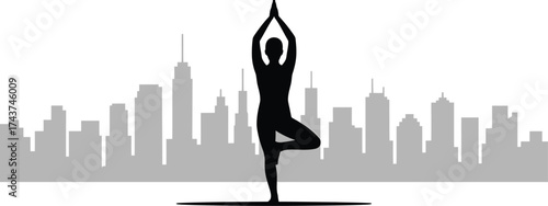 Yoga Tree Pose Silhouette Cityscape Background